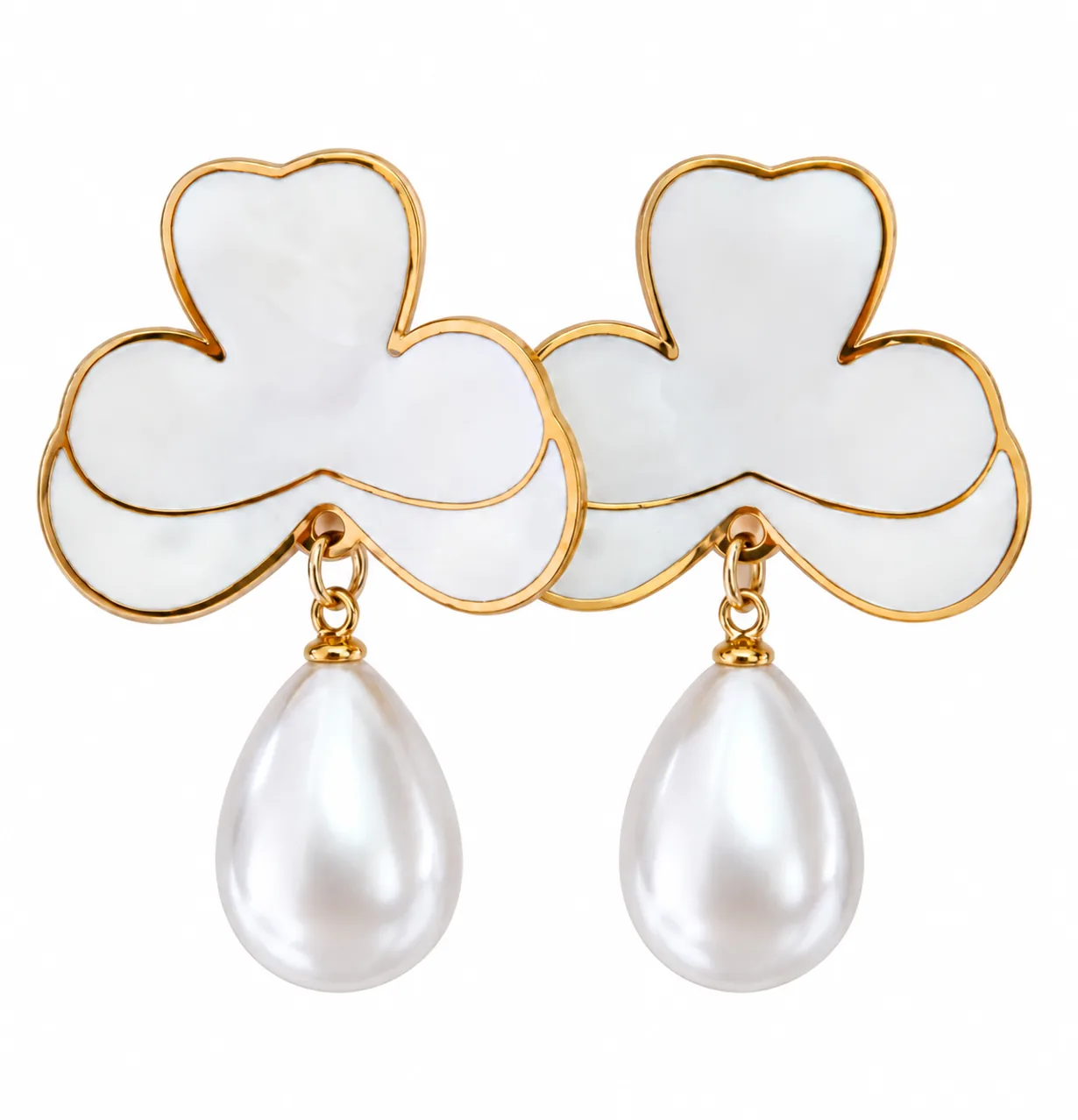 Clover Pearl Drop Earrings, Gold