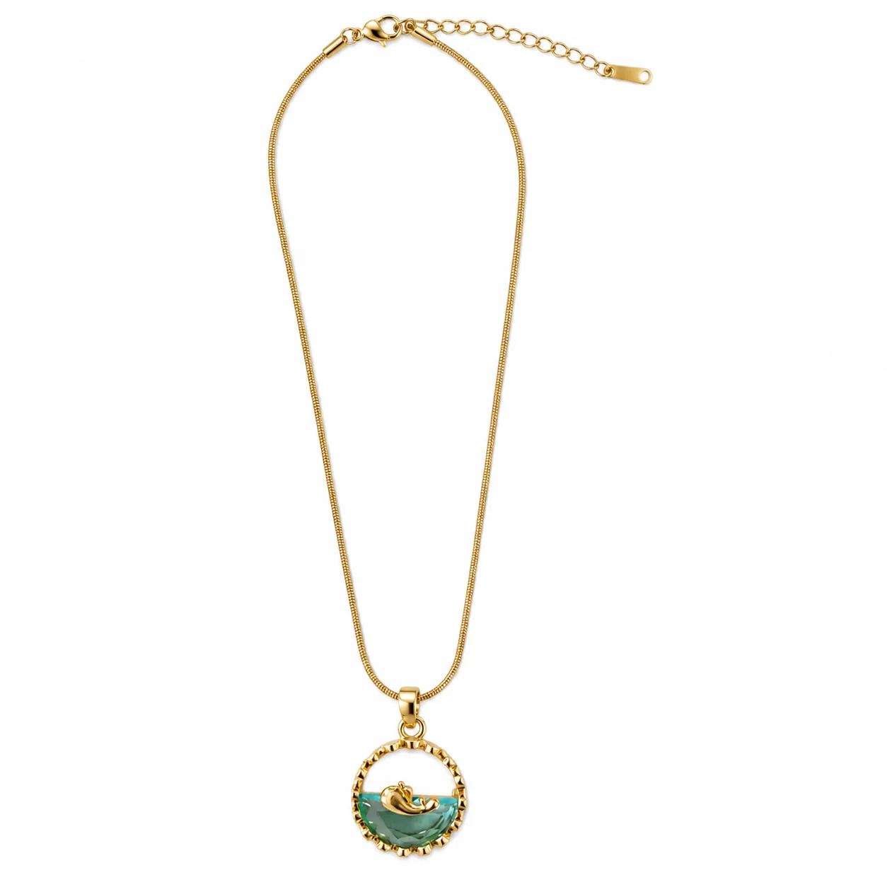 Round Green Pendant Necklace with Gold-Tone Textured Frame