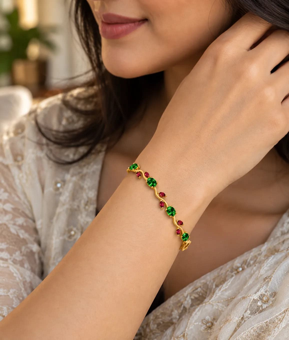 Emerald & Ruby CZ Tennis Bracelet, Gold