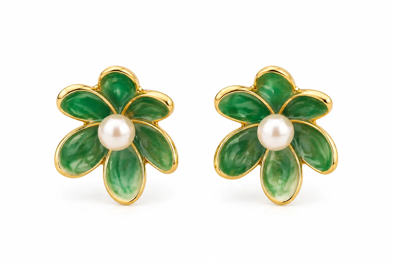 Green Enamel Flower Pearl Stud Earrings, Gold