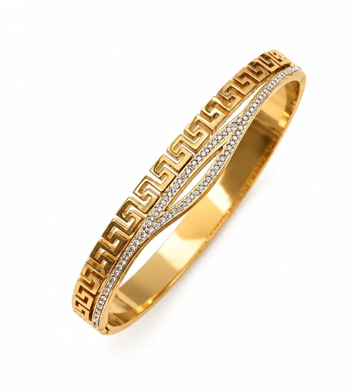 Greek Key CZ Bangle Bracelet, Gold