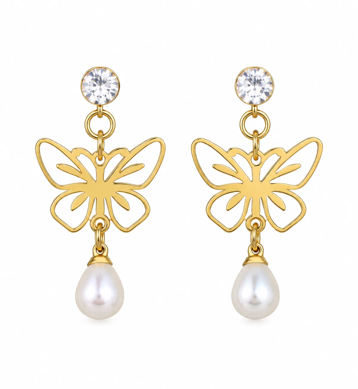 Butterfly Pearl Drop Earrings, Gold & CZ