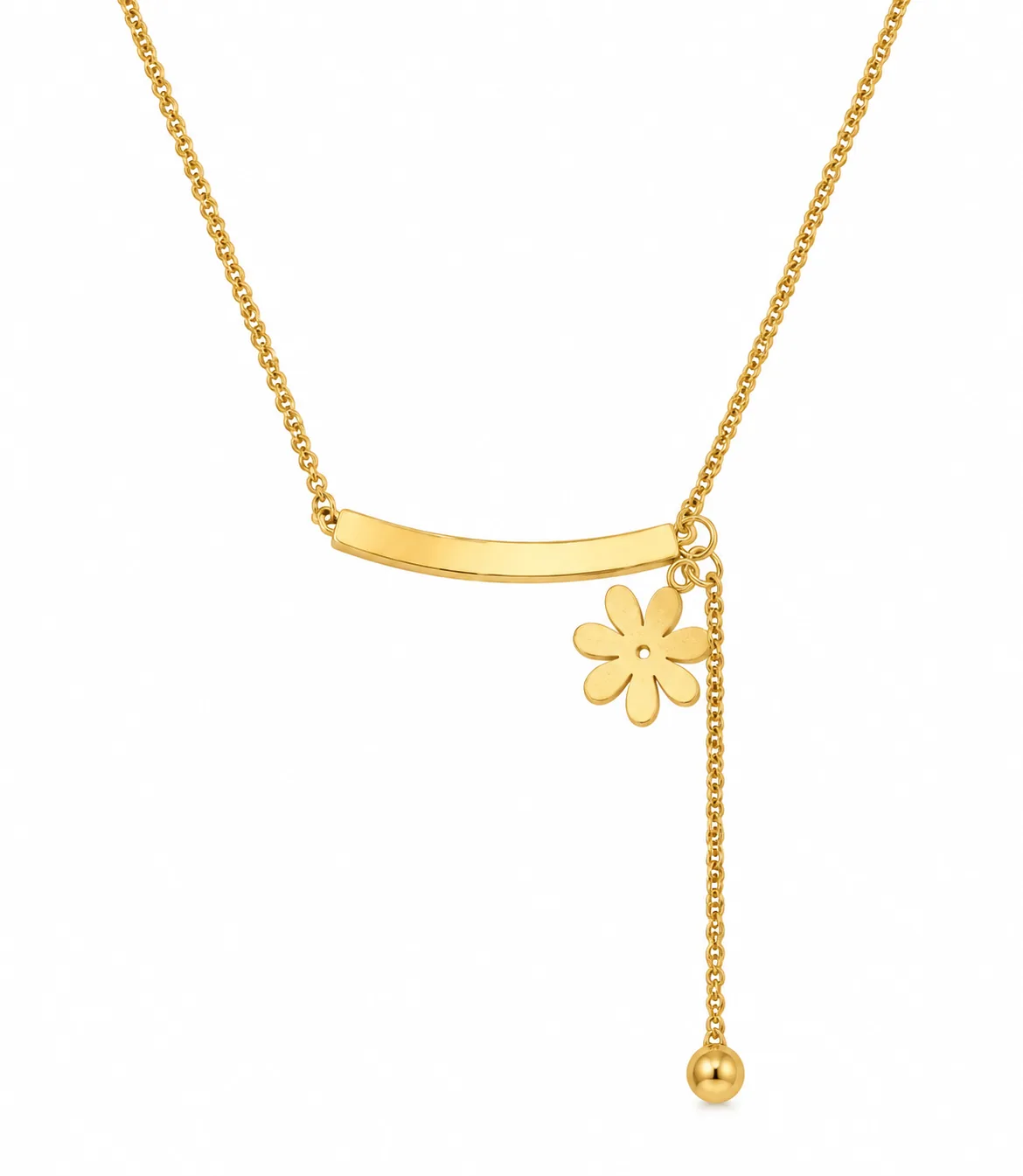 Curved Bar & Flower Lariat Necklace, Gold