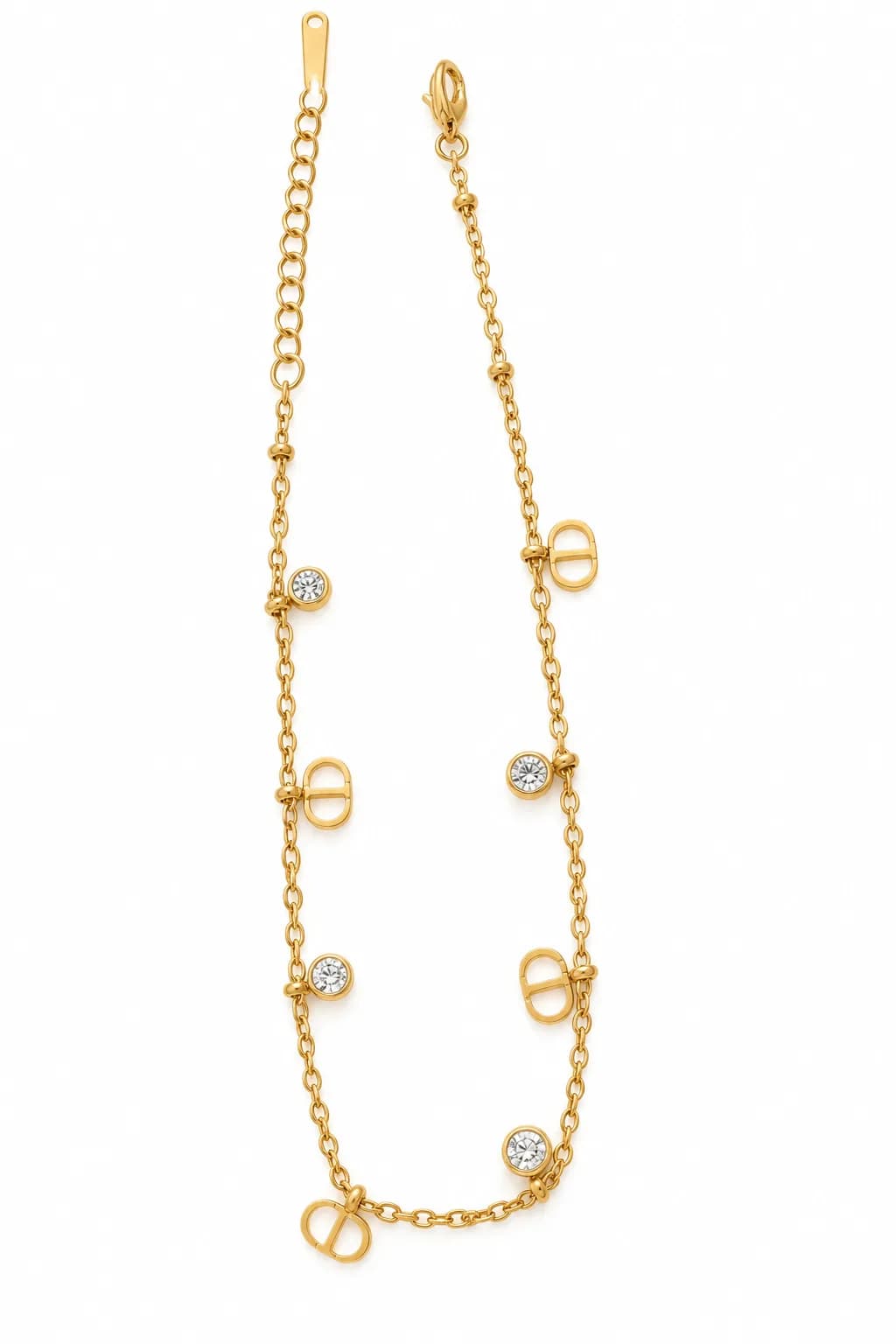 Gold CZ Charm Bracelet, Cable Chain