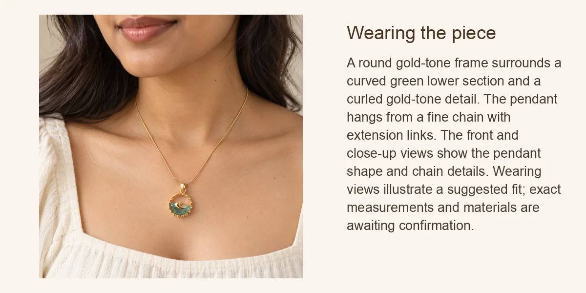 Round Green Pendant Necklace with Gold-Tone Textured Frame: Wearing the piece