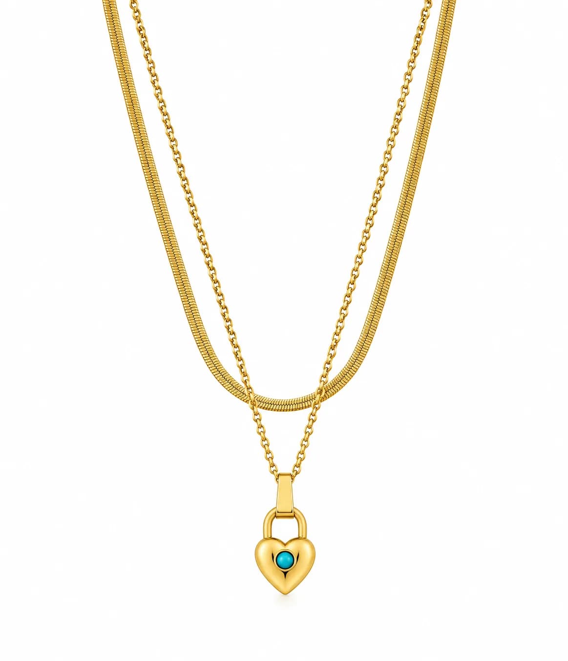 Turquoise Heart Lock Necklace, Gold Layered Chain