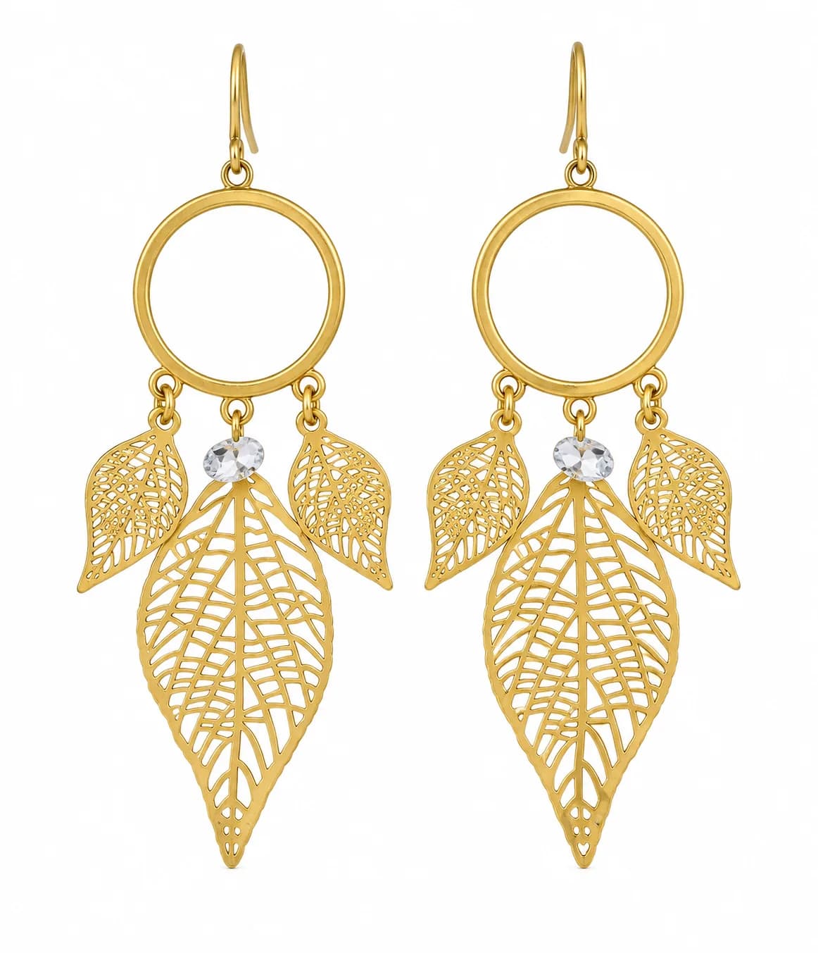 Filigree Leaf Drop Earrings, Gold & CZ