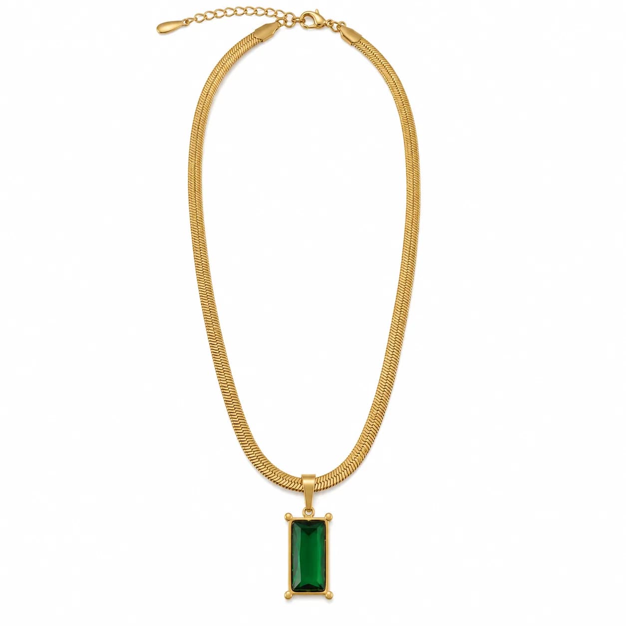 Gold-Tone Green Rectangular Pendant Necklace with Flat Chain