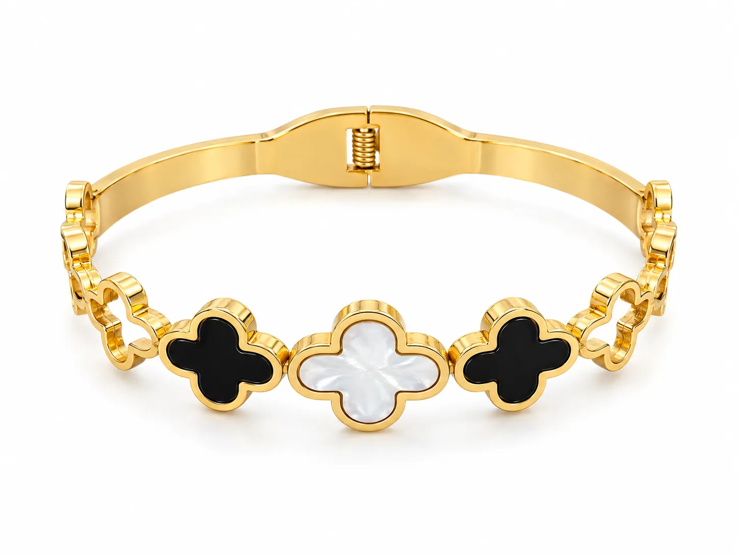 Black & White Clover Link Bracelet, Gold