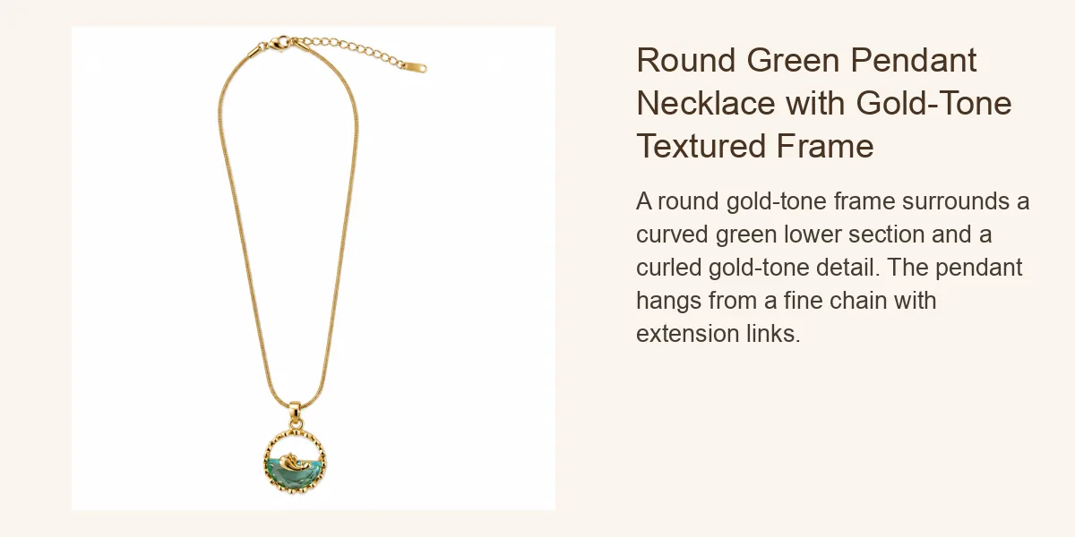 Round Green Pendant Necklace with Gold-Tone Textured Frame: Round Green Pendant Necklace with Gold-Tone Textured Frame
