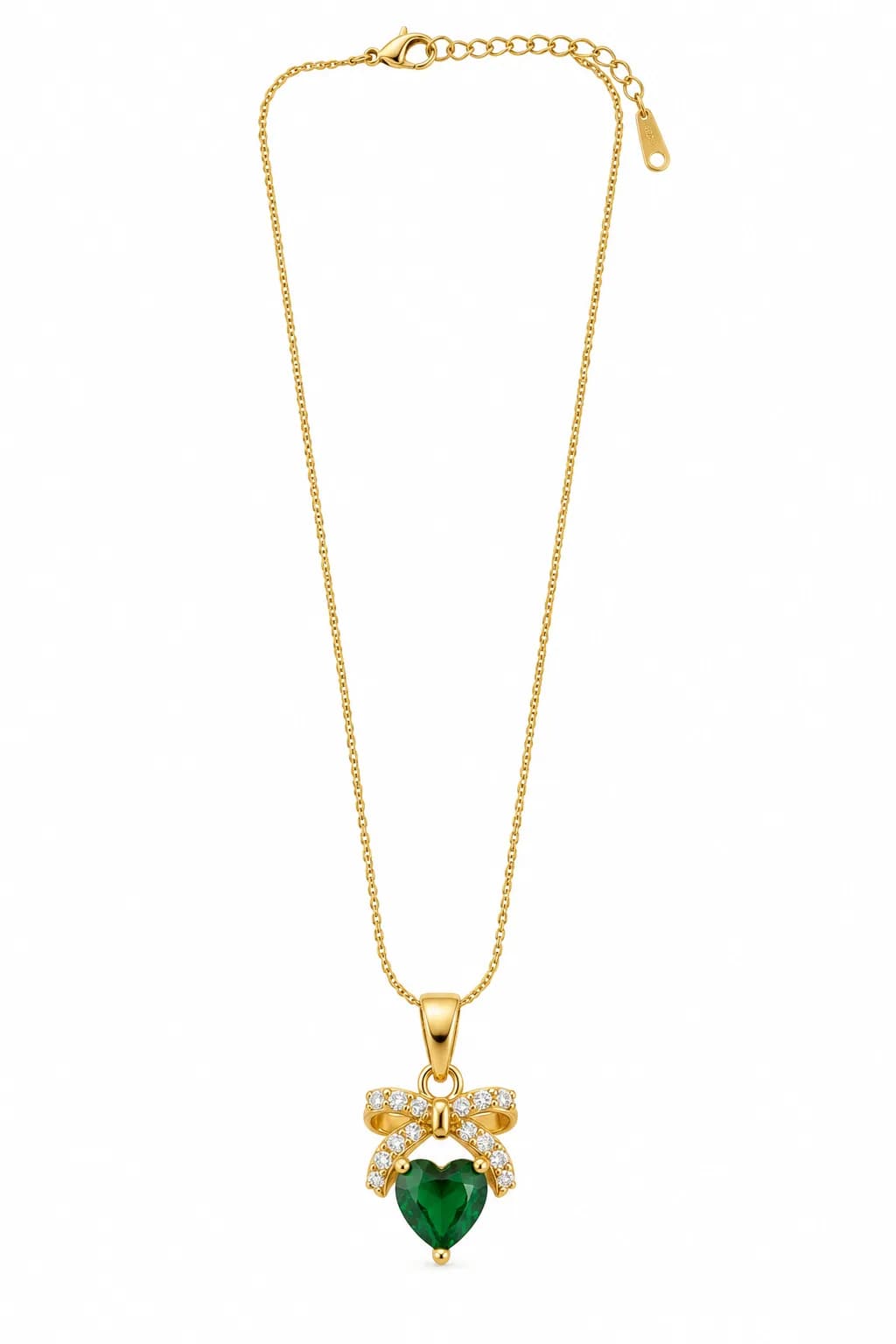 Green Heart CZ Bow Necklace, Gold