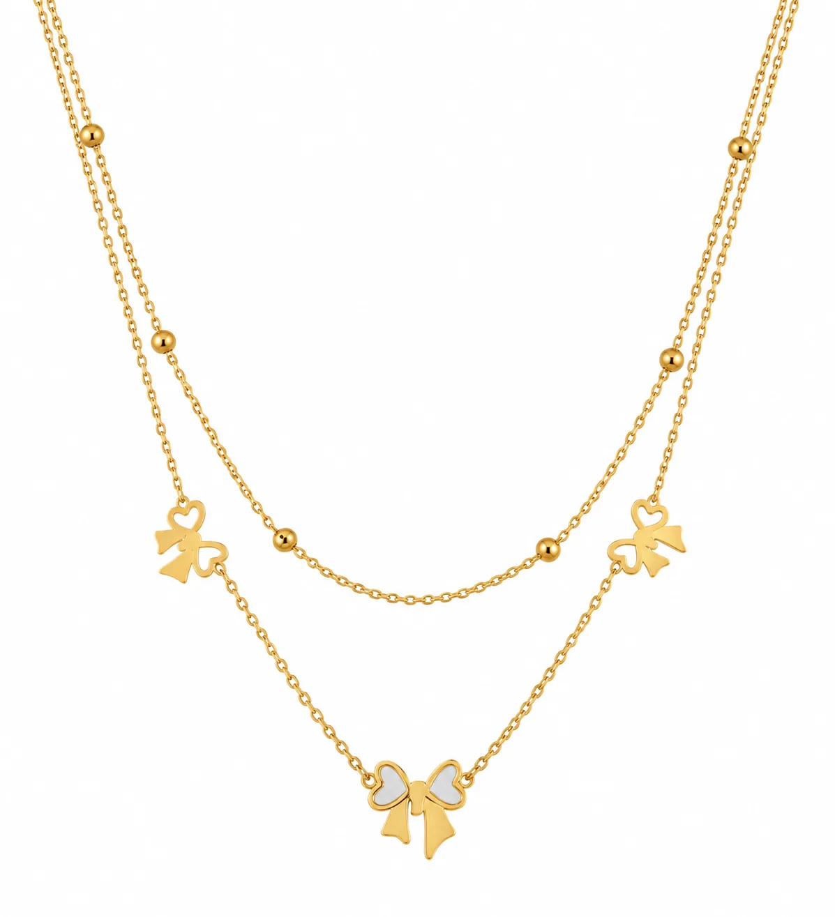 Bow Charm Layered Necklace, Gold & White Enamel