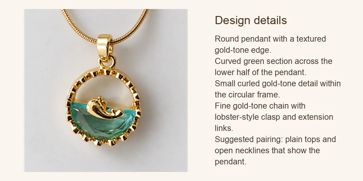 Round Green Pendant Necklace with Gold-Tone Textured Frame: Design details