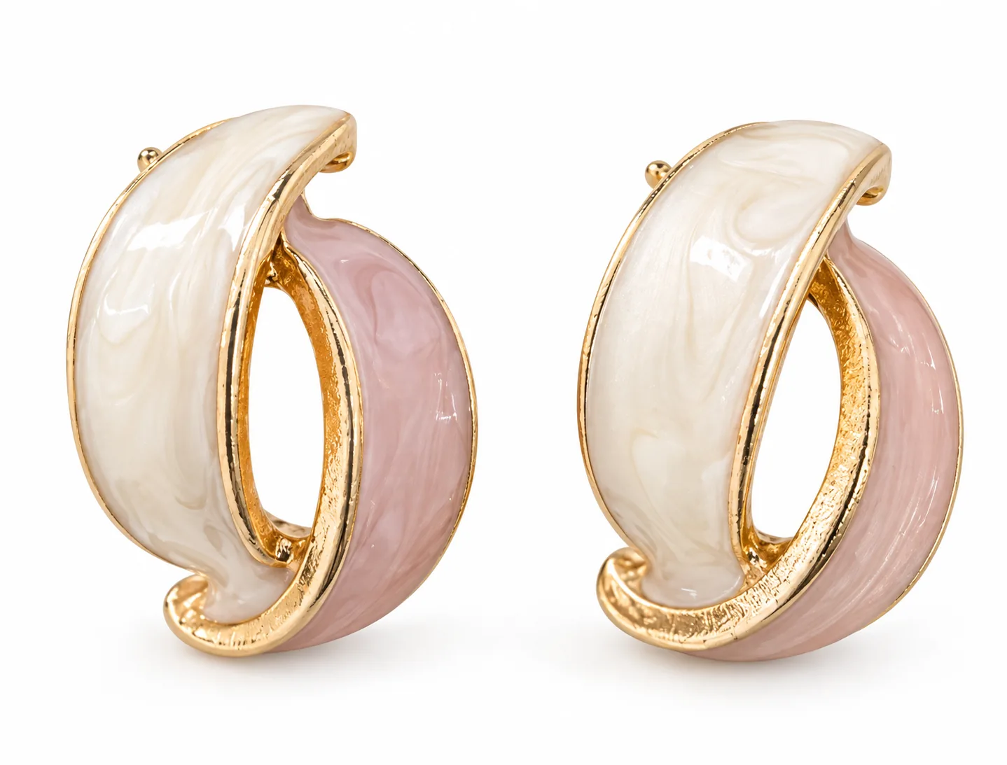 Two-Tone Enamel C-Hoop Earrings, Cream & Pink