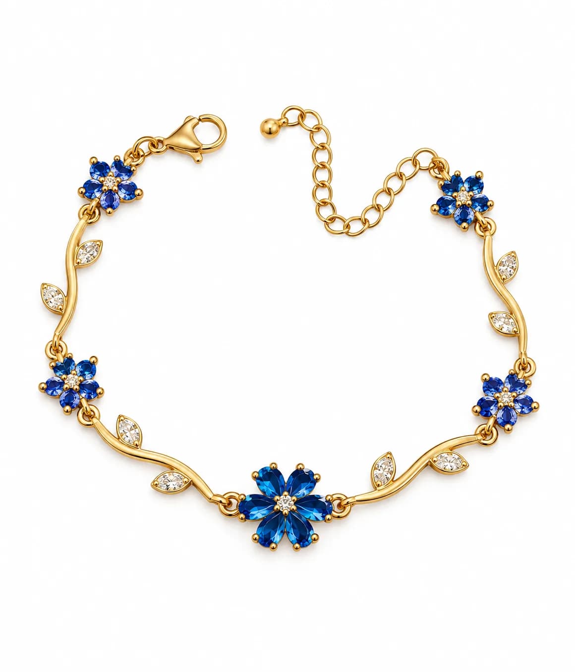Blue Floral CZ Bracelet, Gold Vine